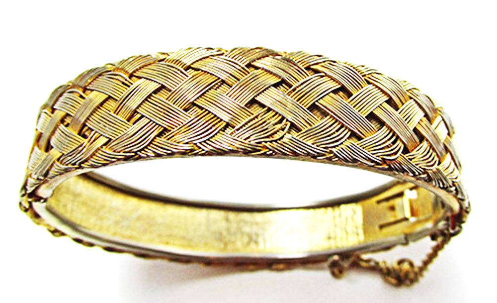 Vintage Jewelry 1960s Distinctive Gold Basket Weave Cuff Bracelet - Front