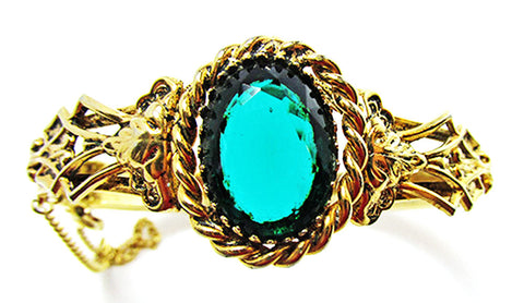 Vintage 1950s Stunning Mid-Century Emerald Etched Cuff Bracelet - Front