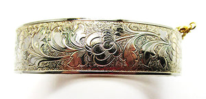 Vintage Jewelry 1950s Mid-Century Engraved Floral Cuff Bracelet - Front
