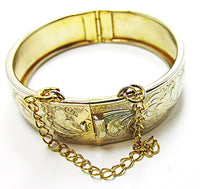 Vintage Jewelry 1950s Mid-Century Engraved Floral Cuff Bracelet - Closure and Safety Chain - Thumbnail