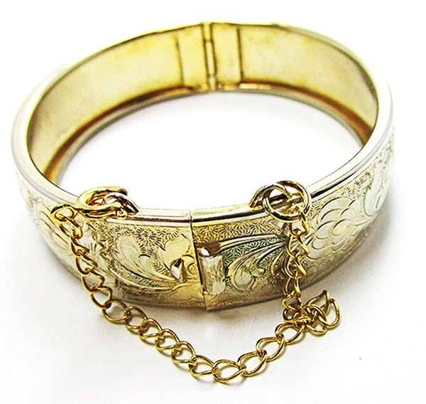Vintage Jewelry 1950s Mid-Century Engraved Floral Cuff Bracelet - Closure and Safety Chain