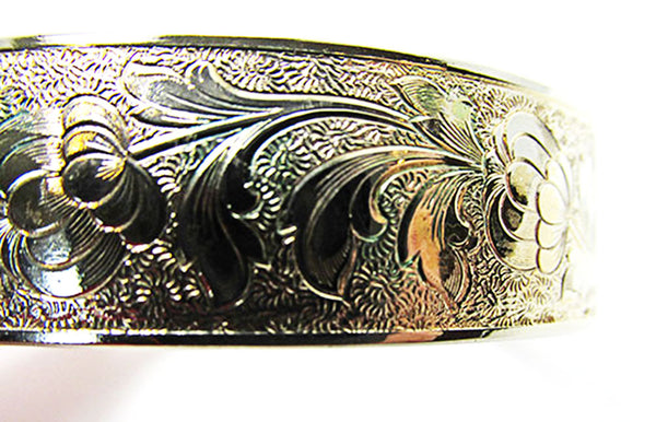 Vintage Jewelry 1950s Mid-Century Engraved Floral Cuff Bracelet - Close Up
