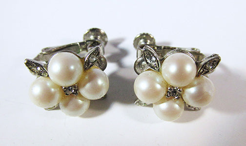 Vintage 1970s Dainty Retro Pearl and Rhinestone Floral Earrings