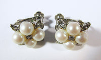Vintage 1970s Dainty Retro Pearl and Rhinestone Floral Earrings - Thumbnail