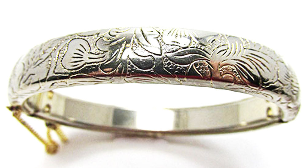 Vintage 1950s Elegant Mid-Century Engraved Floral Cuff Bracelet - Front
