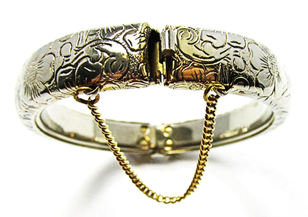 Vintage 1950s Elegant Mid-Century Engraved Floral Cuff Bracelet - Clasp and Chain