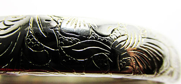 Vintage 1950s Elegant Mid-Century Engraved Floral Cuff Bracelet - Close Up
