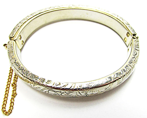Vintage 1950s Elegant Mid-Century Engraved Floral Cuff Bracelet - Side view