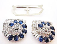 1930s Policini Vintage Jewelry Rare Art Deco Sapphire Diamante Duette - Thumbnail