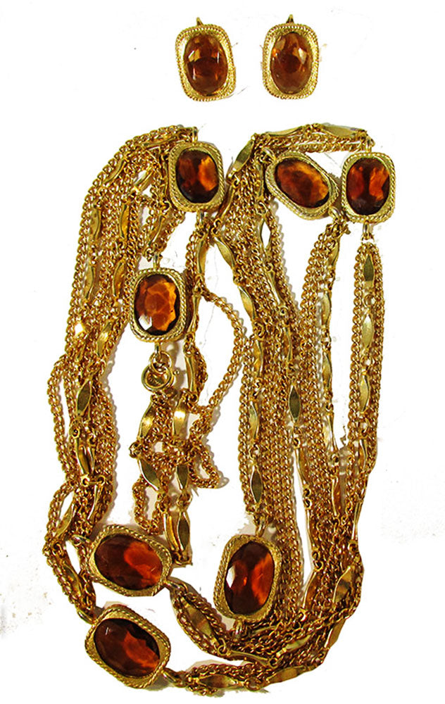 Sarah Coventry Vintage 1950s Amber Diamante Necklace and Earrings Set - Front