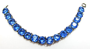 Vintage 1940s Jewelry Sterling Silver Sapphire Diamante Bracelet - Front