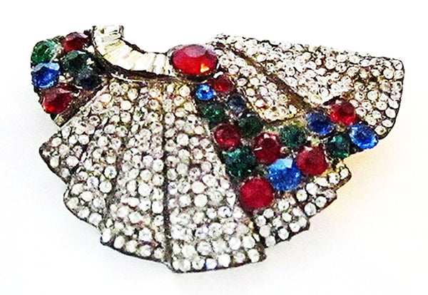 1930s Vintage Art Deco Multi-Color Rhinestone and Silver Dress Clip - Front