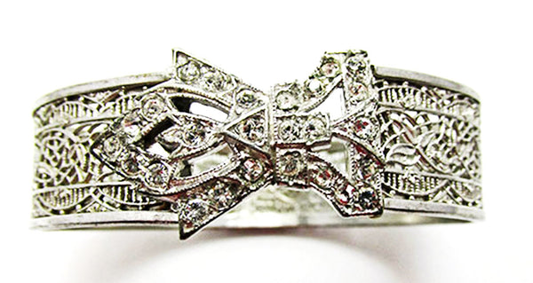 Rare JJ White Antique 1910s Clear Rhinestone Bow Cuff Bracelet - Front