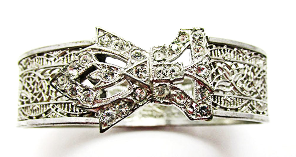 Rare JJ White Antique 1910s Clear Rhinestone Bow Cuff Bracelet - Front