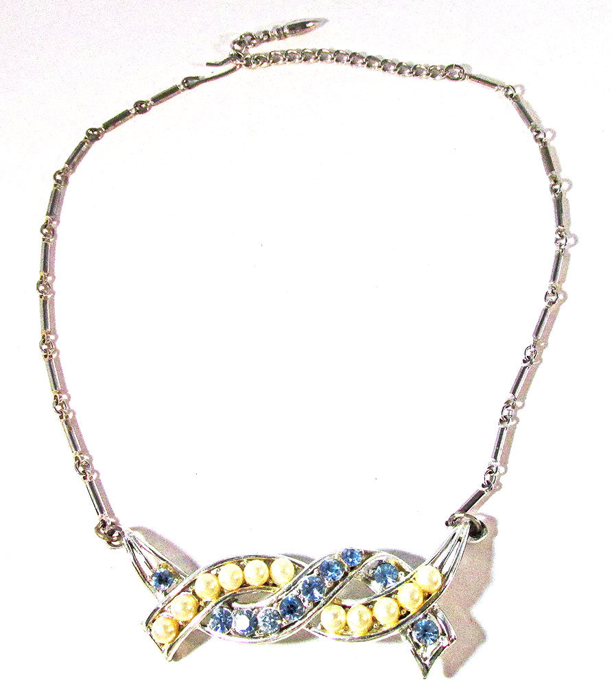 Vintage Coro 1950s Mid-Century Rhinestone and Pearl Necklace - Front
