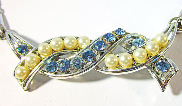 Vintage Coro 1950s Mid-Century Rhinestone and Pearl Necklace - Close Up