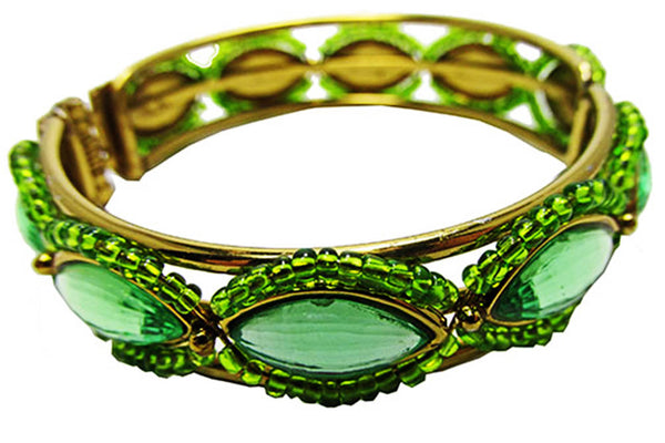 Vintage Jewelry 1950s Mid-Century Bead and Rhinestone Cuff Bracelet - Front and Side