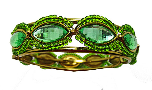 Vintage 1950s Green Bead and Rhinestone Gold Cuff Bracelet - Front