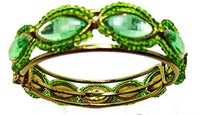 Vintage 1950s Green Bead and Rhinestone Gold Cuff Bracelet - Inner Circumference - Thumbnail