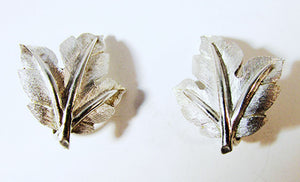 Crown Trifari 1960s Designer Jewelry - Silver Tone Leaf Earrings - Front