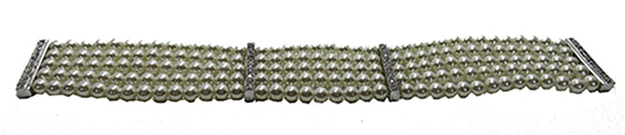 Vintage 1950s Five Strand Pearl and Clear Rhinestone Bracelet - Front