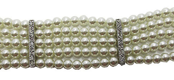 Vintage Jewelry 1950s Stunning Five Strand Pearl and Diamante Bracelet - Close Up