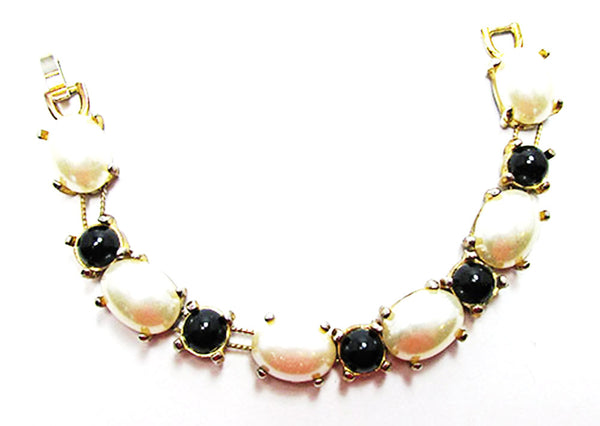 Vintage 1960s Mid-Century Distinctive Pearl and Onyx Slide Bracelet - Front