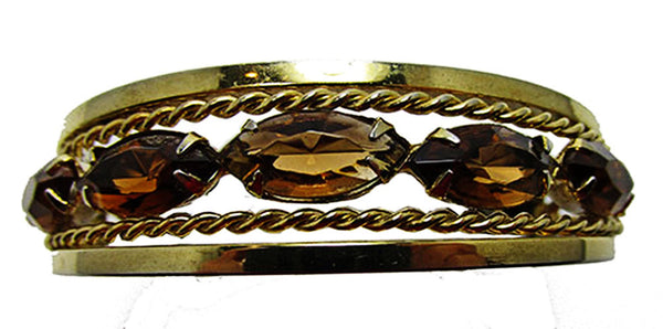 Vintage 1950s Mid-Century Topaz Rhinestone Gold Cuff Bracelet - Front