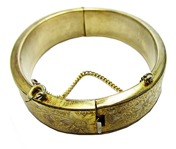 Vintage 1940s Jewelry Elegant Engraved Gold Floral Cuff Bracelet - Inner Circumference