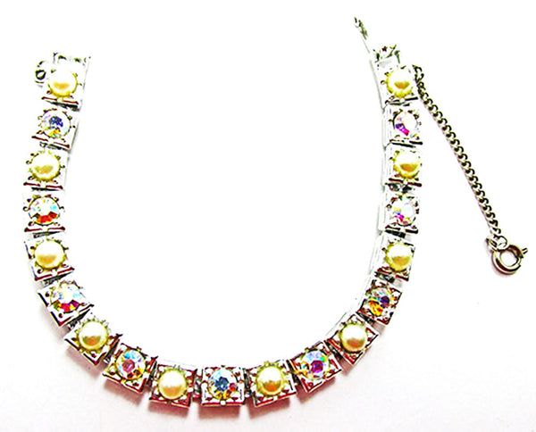 Vintage 1950s Mid-Century AB Rhinestone and Pearl Link Bracelet - Front