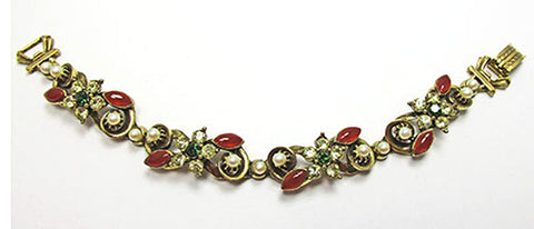 Florenza Vintage Jewelry 1950s Floral Diamante and Pearl Bracelet - Front