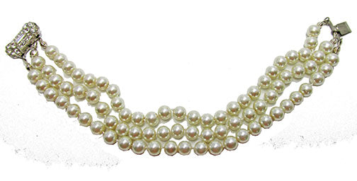 Vintage 1950s Three Strand Pearl and Clear Rhinestone Bracelet