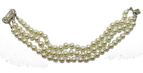 Vintage 1950s Beautiful Three Strand Pearl and Rhinestone Bracelet