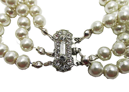 Vintage 1950s Beautiful Three Strand Pearl and Rhinestone Bracelet
