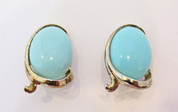 Crown Trifari Vintage Elegant 1950s Turquoise Button Earrings - Thumbnail