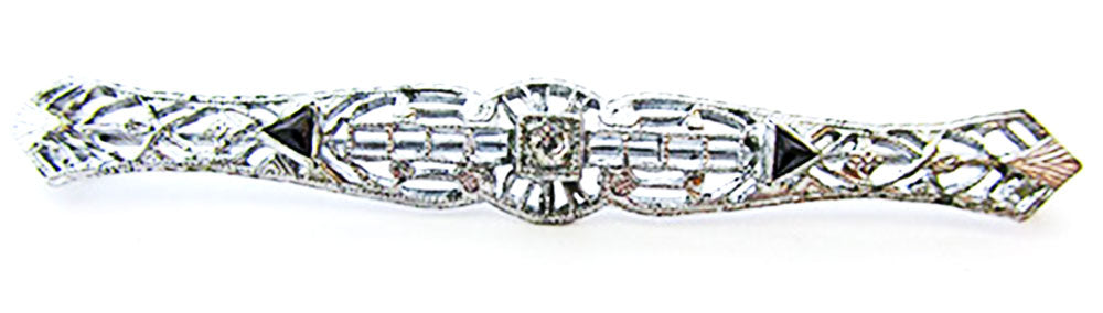 Antique 1910s-1920s Flawless Edwardian Diamante Filigree Bar Pin - Front