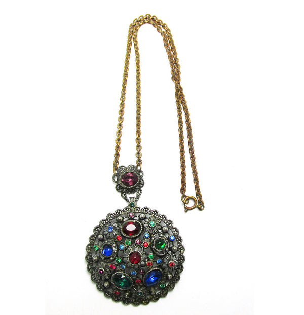 Antique 1910s Art Nouveau Signed Multi-Colored Diamante Pendant - Front