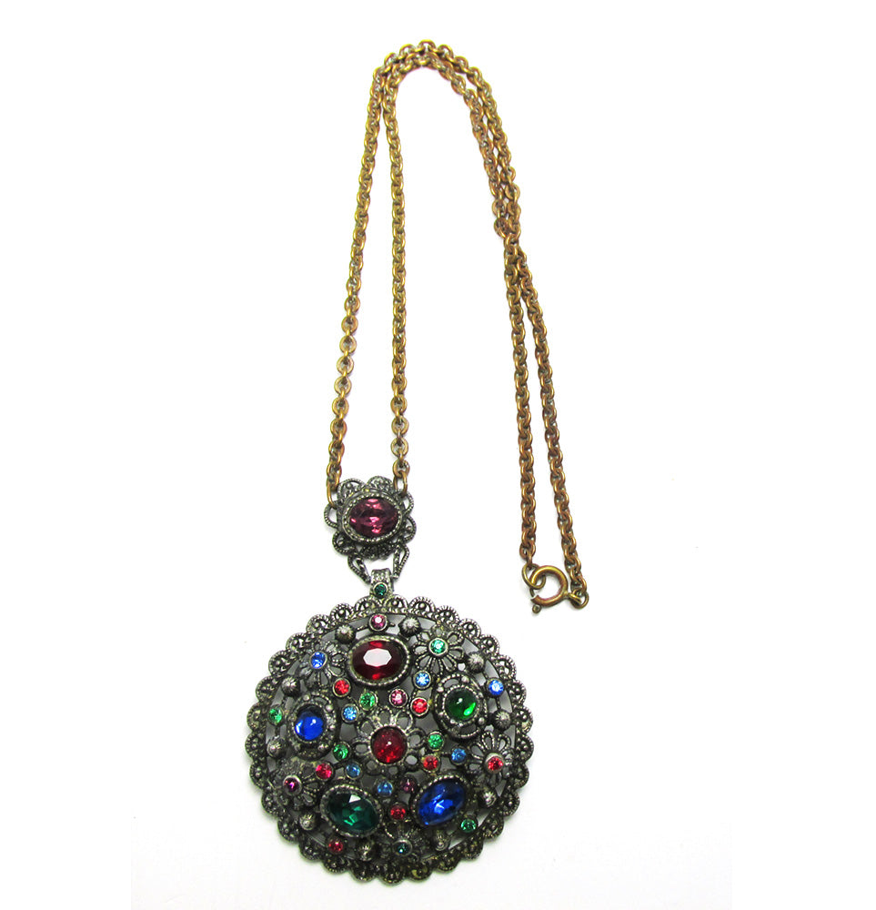 Antique 1910s Art Nouveau Signed Multi-Colored Diamante Pendant - Front