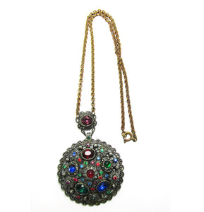 Antique 1910s Art Nouveau Signed Multi-Colored Diamante Pendant - Front