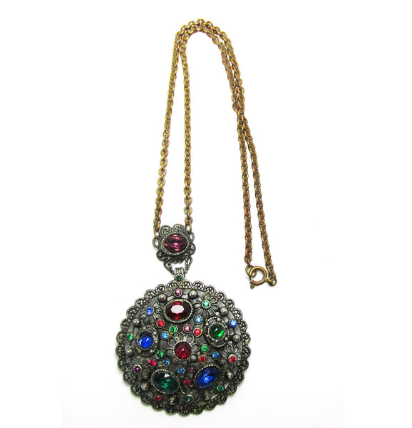 Antique 1910s Art Nouveau Signed Multi-Colored Diamante Pendant - Front