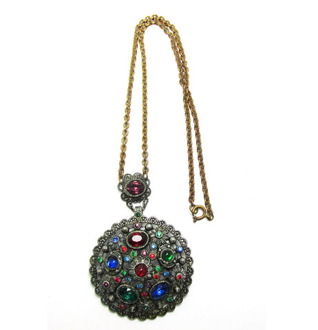 Antique 1910s Art Nouveau Signed Multi-Colored Diamante Pendant - Front