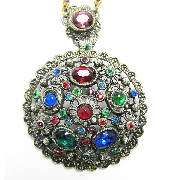 Antique 1910s Art Nouveau Signed Multi-Colored Diamante Pendant - Close Up