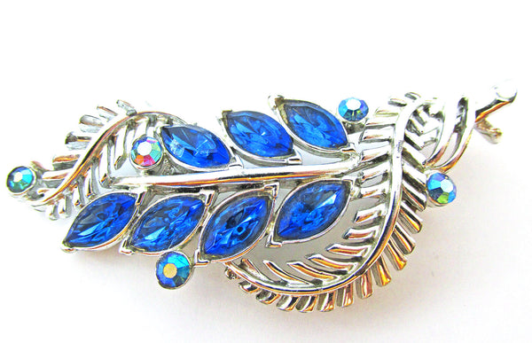 Signed Coro Vintage 1950s Sapphire Blue Diamante Floral Spray Pin - Front