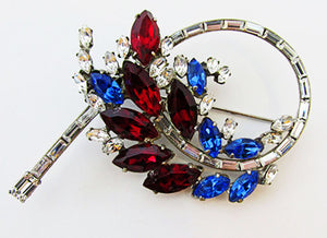 Vintage 1940s Mid-Century Patriotic Colored Bold Diamante Floral Pin - Front