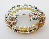 Crown Trifari Vintage 1950s Exceptional Rhinestone and Pearl Pin - Thumbnail