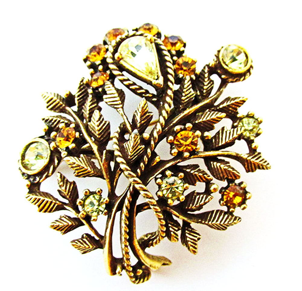 Coro 1950s Vintage Jewelry Mid-Century Citrine Diamante Floral Pin - Front