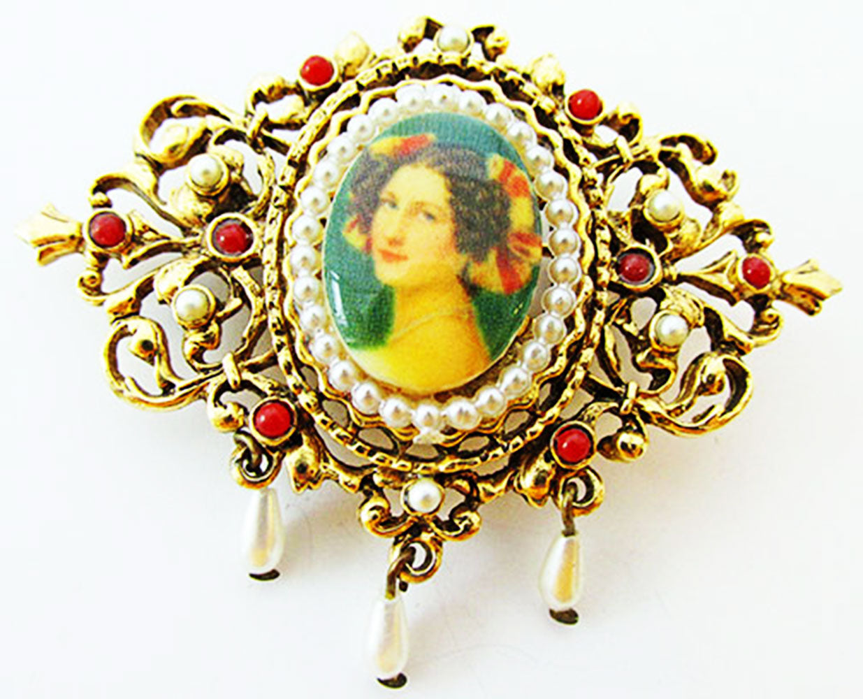 Signed Art 1950s Designer Portrait of a Lady Pearl and Carnelian Pin - Front
