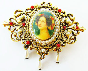 Signed Art 1950s Designer Portrait of a Lady Pearl and Carnelian Pin - Front