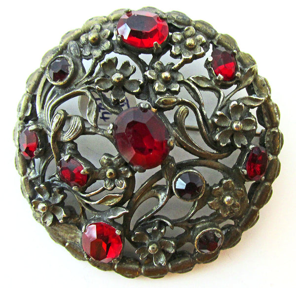 Vintage 1930s Jewelry Art Nouveau Style Ruby Red RhinestionePin - Front