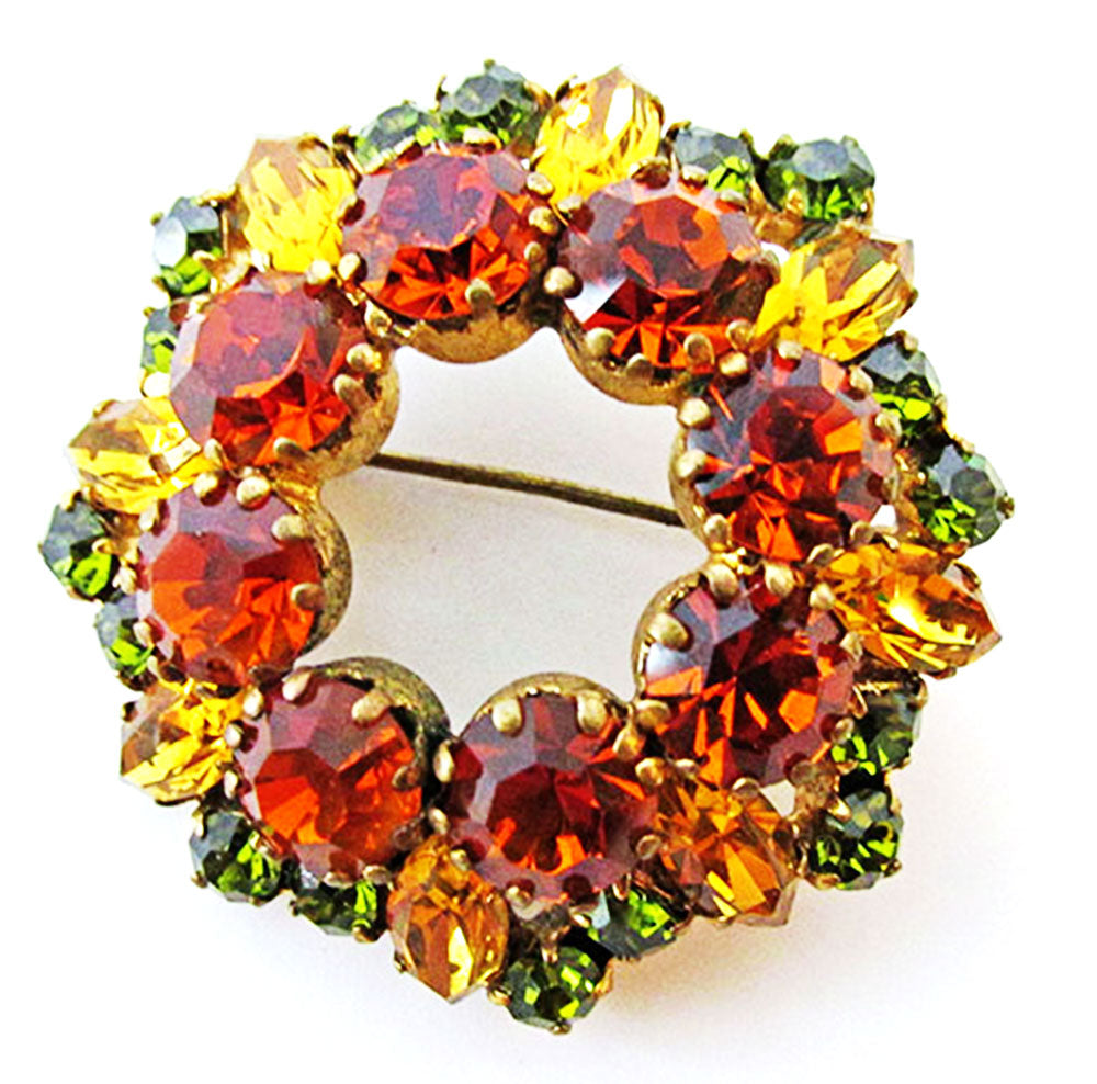 Austria 1950s Vintage Jewelry Fall Colors Diamante Circle Pin - Front